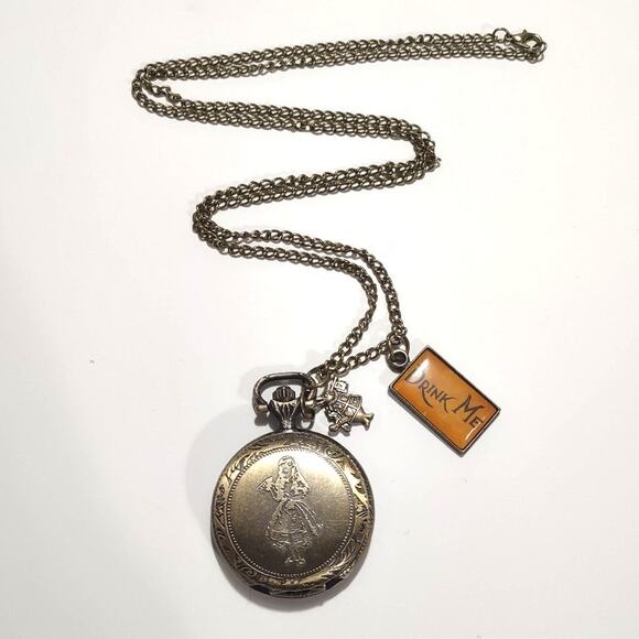 Alice In Wonderland Bronze Pocket Watch With Charms Christmas Birthday Gift New!